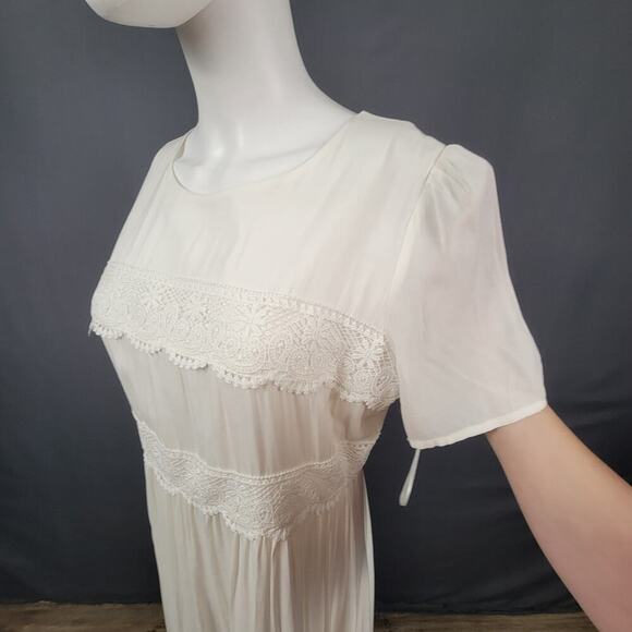 Vanilla Bay Cream Midi Dress Large Empire Waist Lace Trim Cottagecore - Picture 2 of 7